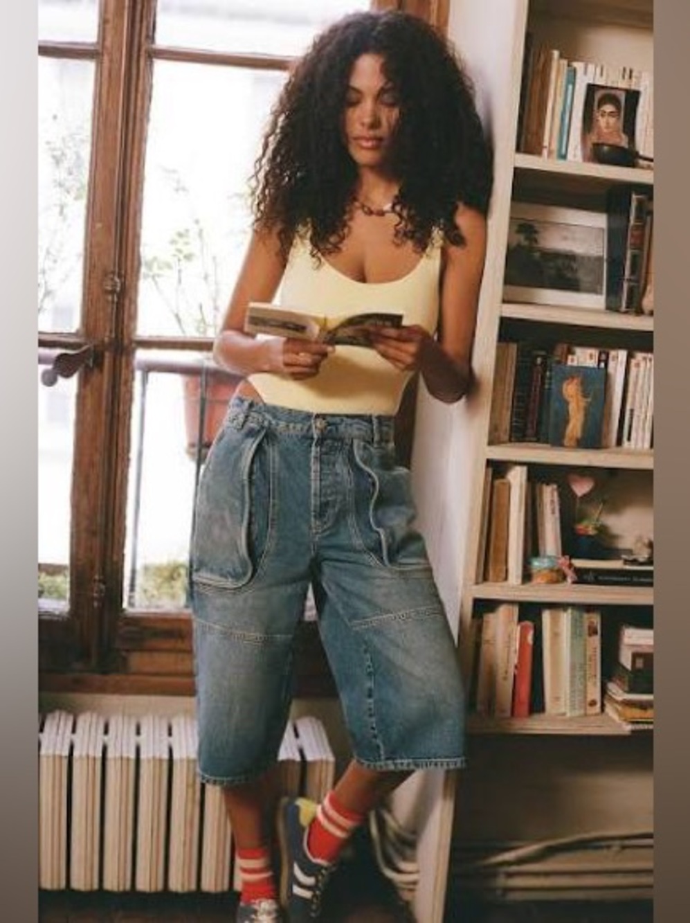 Free People cropped jeans pants long shorts denim bermuda relaxed cotton 26